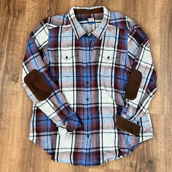 Kavu Other - Kavu Flannel Blue Brown Plaid Corduroy Elbow Patch Outdoor Size XL